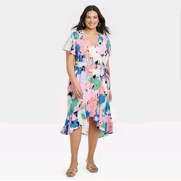 Women's Flutter Short Sleeve Midi Wrap Dress - Ava & Viv Abstract Floral XXL - Picture 1 of 8